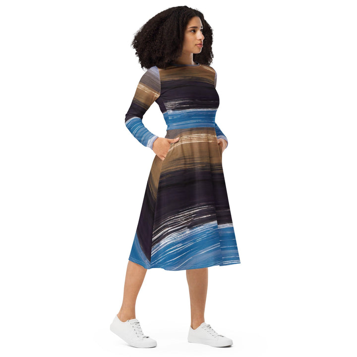 Womens Long Sleeve Midi Dress - Rustic Purple Brown Design-3