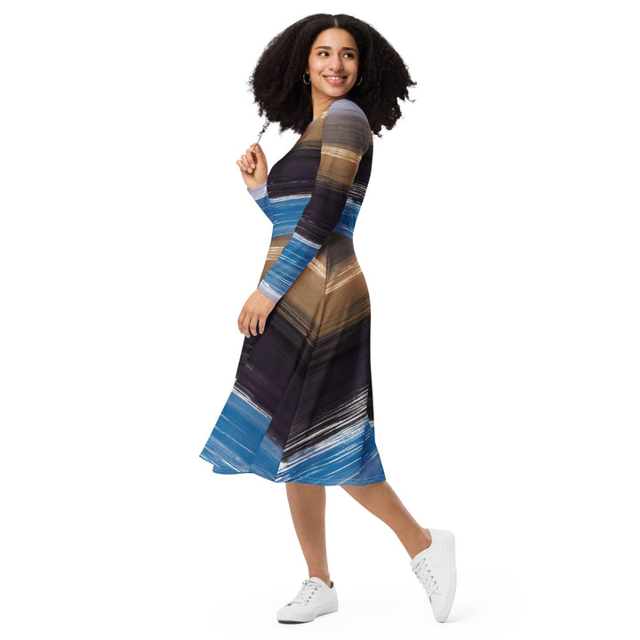 Womens Long Sleeve Midi Dress - Rustic Purple Brown Design-2