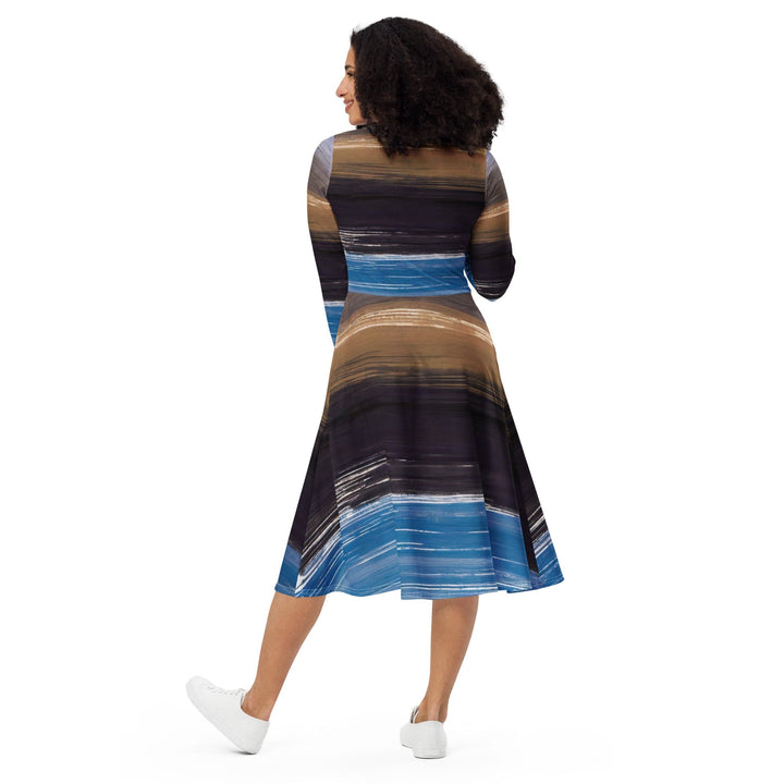 Womens Long Sleeve Midi Dress - Rustic Purple Brown Design-4
