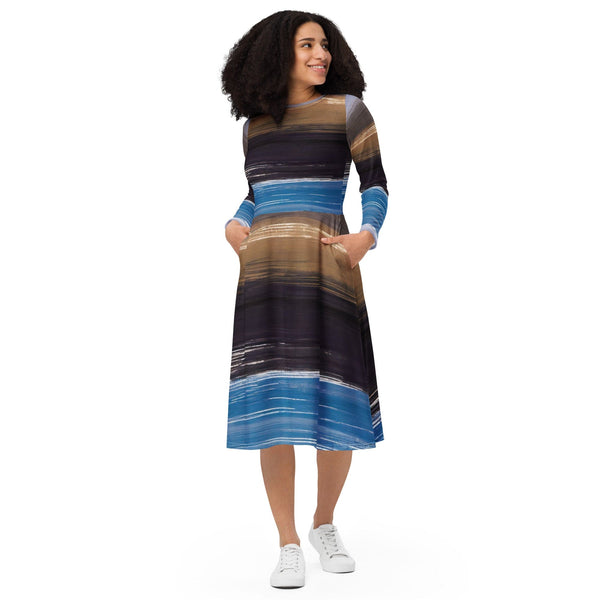 Womens Long Sleeve Midi Dress - Rustic Purple Brown Design-0
