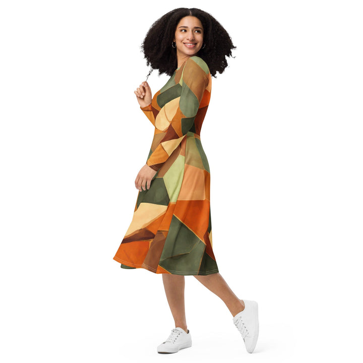 Womens Long Sleeve Midi Dress - Rustic Red Abstract Pattern-2