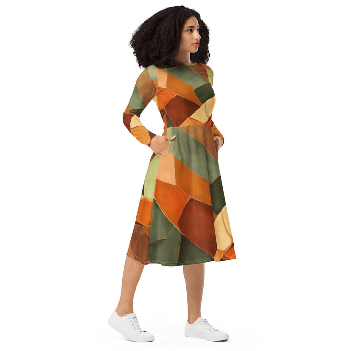 Womens Long Sleeve Midi Dress - Rustic Red Abstract Pattern-3
