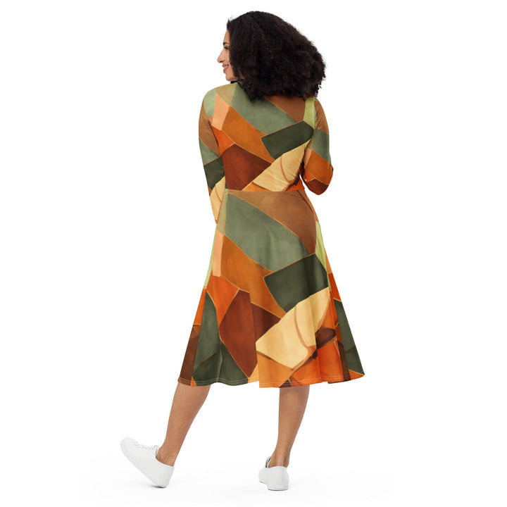 Womens Long Sleeve Midi Dress - Rustic Red Abstract Pattern-1