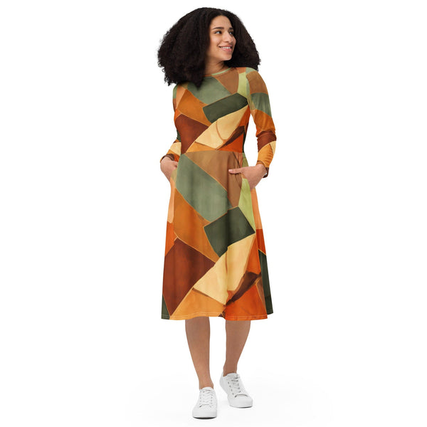 Womens Long Sleeve Midi Dress - Rustic Red Abstract Pattern-0