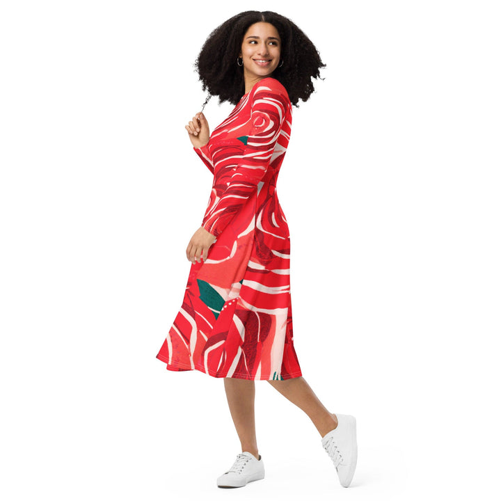 Womens Long Sleeve Midi Dress - Rustic Red Roses-2