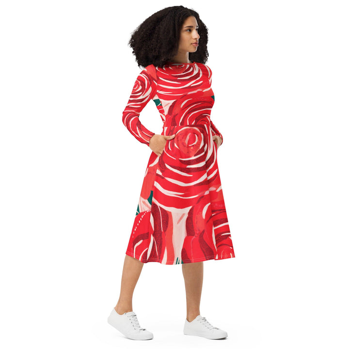 Womens Long Sleeve Midi Dress - Rustic Red Roses-3