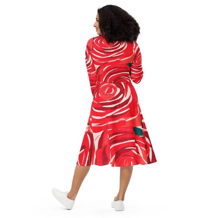 Womens Long Sleeve Midi Dress - Rustic Red Roses-1