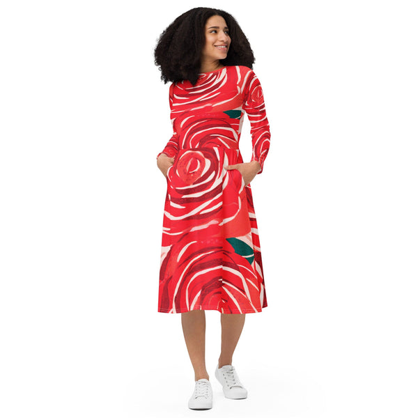 Womens Long Sleeve Midi Dress - Rustic Red Roses-0