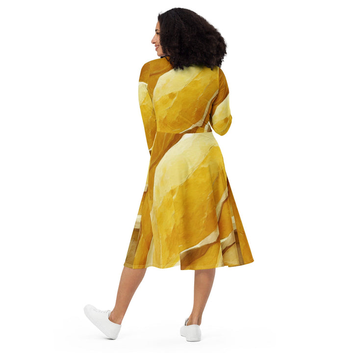 Womens Long Sleeve Midi Dress - Rustic Yellow Stone Print-1