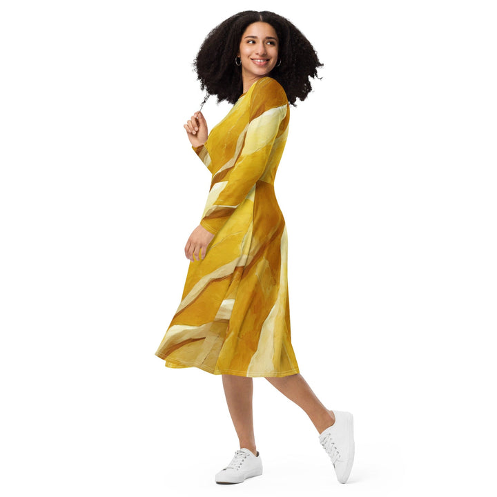 Womens Long Sleeve Midi Dress - Rustic Yellow Stone Print-2