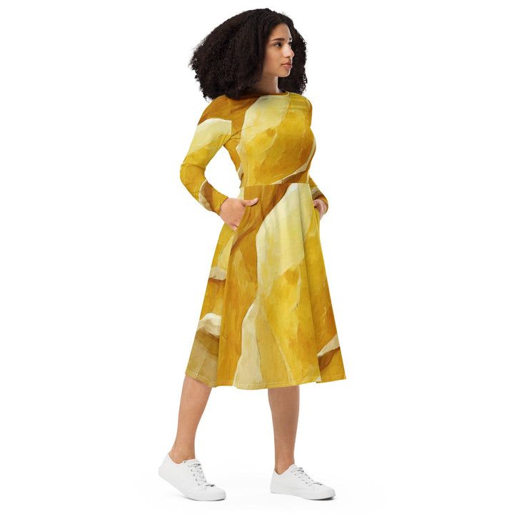 Womens Long Sleeve Midi Dress - Rustic Yellow Stone Print-3