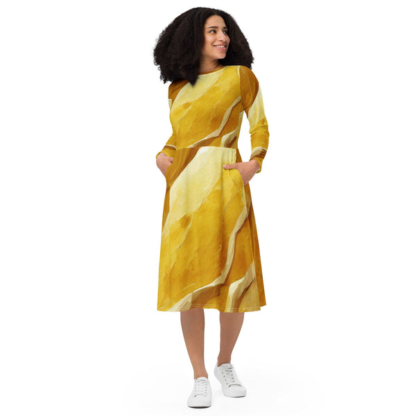 Womens Long Sleeve Midi Dress - Rustic Yellow Stone Print-0