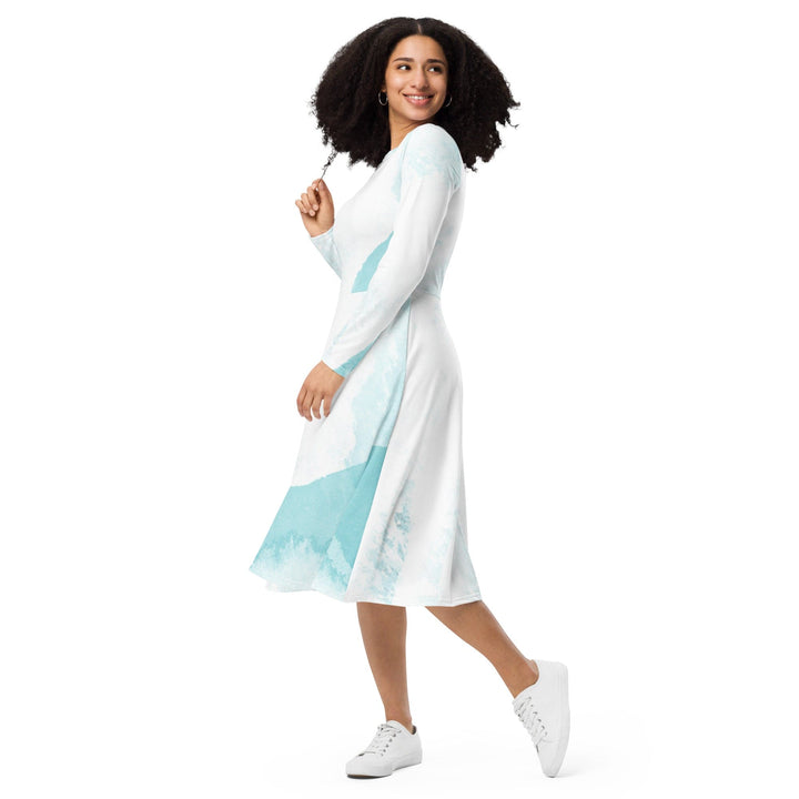 Womens Long Sleeve Midi Dress - Subtle Abstract Ocean Blue and White-2