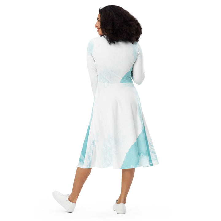 Womens Long Sleeve Midi Dress - Subtle Abstract Ocean Blue and White-4