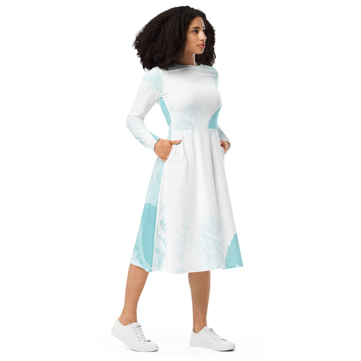 Womens Long Sleeve Midi Dress - Subtle Abstract Ocean Blue and White-3
