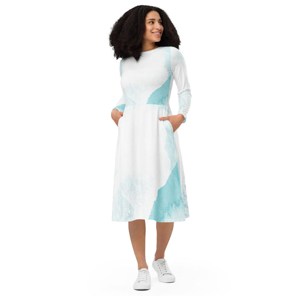 Womens Long Sleeve Midi Dress - Subtle Abstract Ocean Blue and White-0
