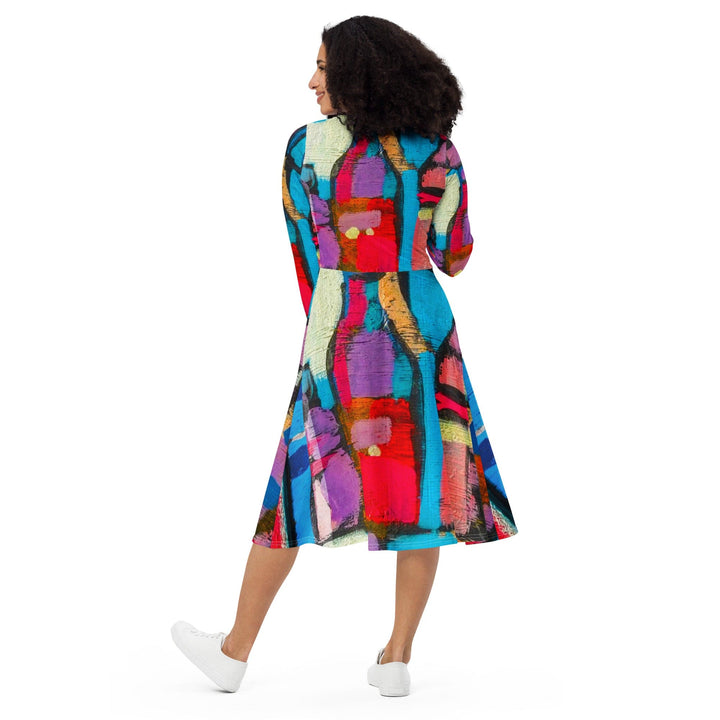 Womens Long Sleeve Midi Dress - Sutileza Red Multicolor Abstract Print-1