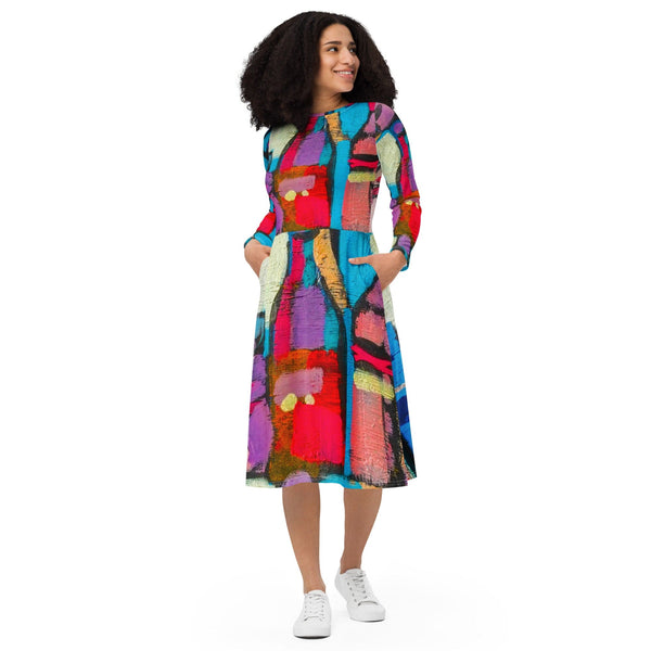 Womens Long Sleeve Midi Dress - Sutileza Red Multicolor Abstract Print-0