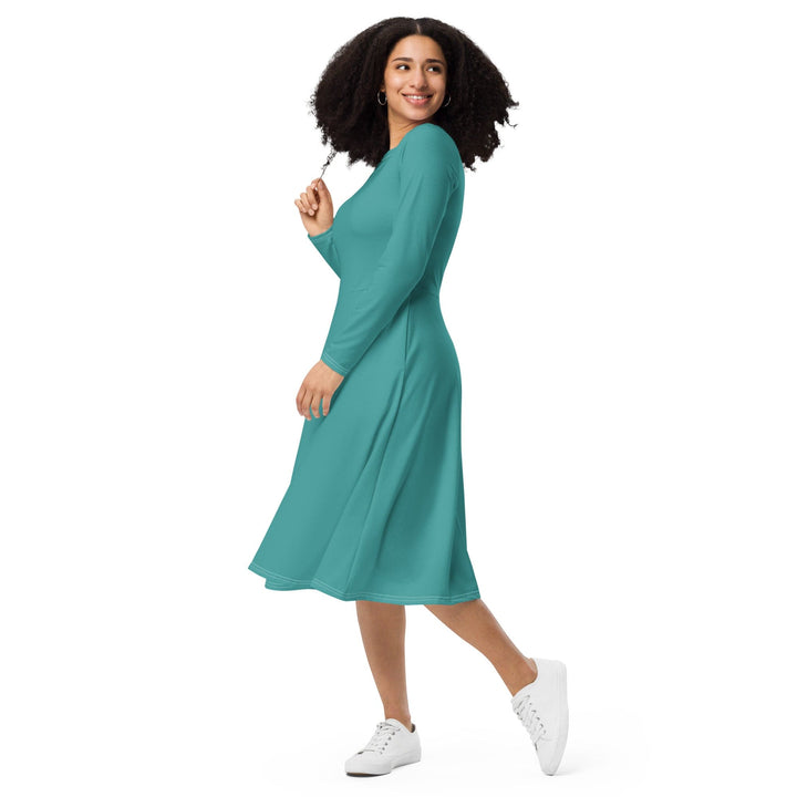 Womens Long Sleeve Midi Dress - Teal Green-2