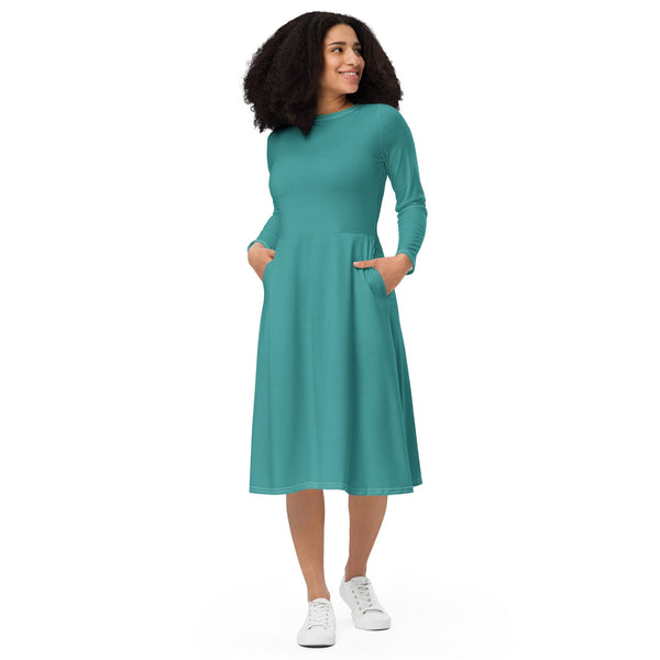 Womens Long Sleeve Midi Dress - Teal Green-0