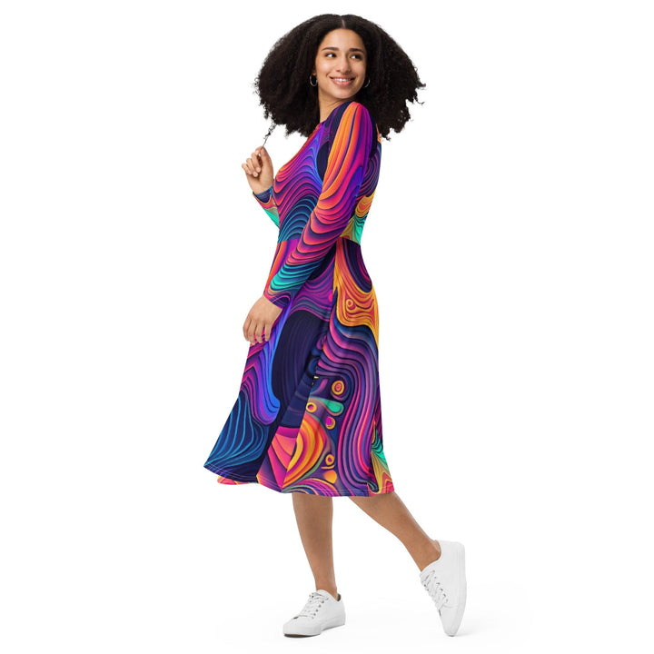 Womens Long Sleeve Midi Dress - Vibrant Psychedelic Kaleidoscope Boho-2