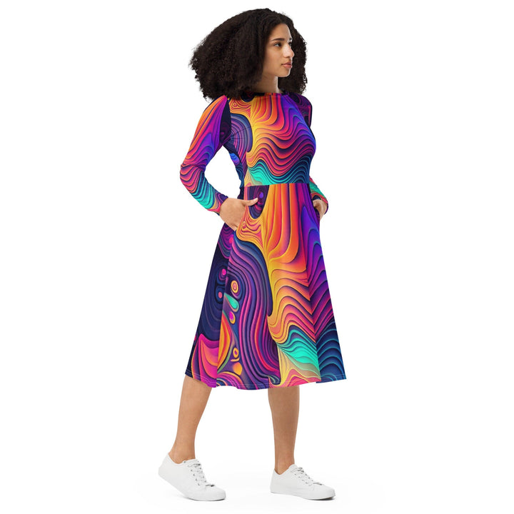 Womens Long Sleeve Midi Dress - Vibrant Psychedelic Kaleidoscope Boho-3