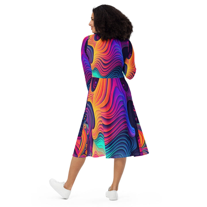 Womens Long Sleeve Midi Dress - Vibrant Psychedelic Kaleidoscope Boho-1