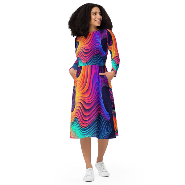 Womens Long Sleeve Midi Dress - Vibrant Psychedelic Kaleidoscope Boho-0