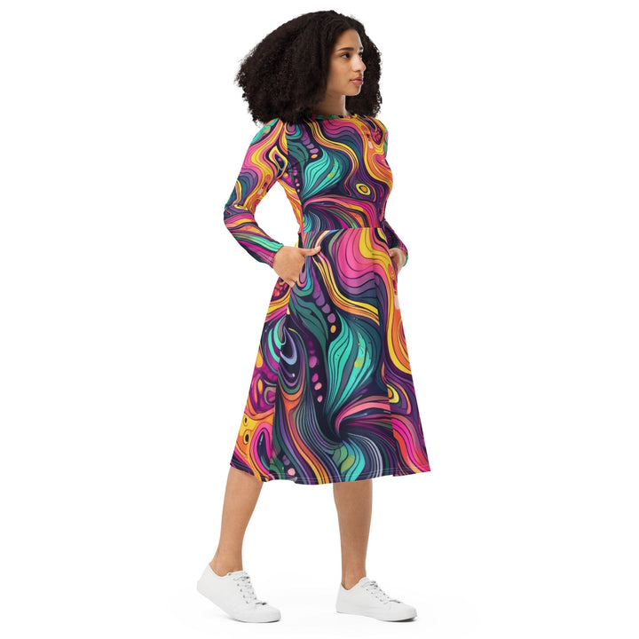 Womens Long Sleeve Midi Dress - Vibrant Psychedelic Kaleidoscope Boho 2-3