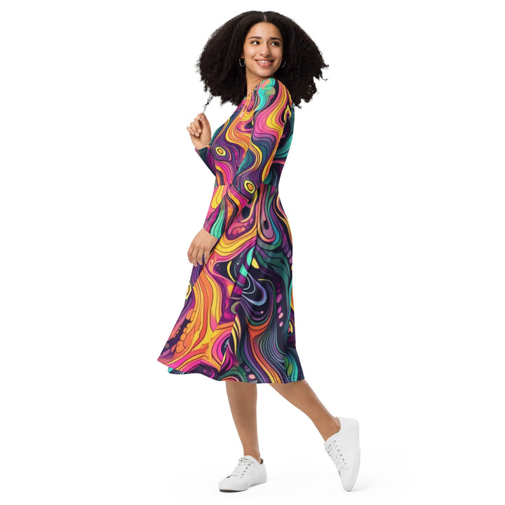 Womens Long Sleeve Midi Dress - Vibrant Psychedelic Kaleidoscope Boho 2-2