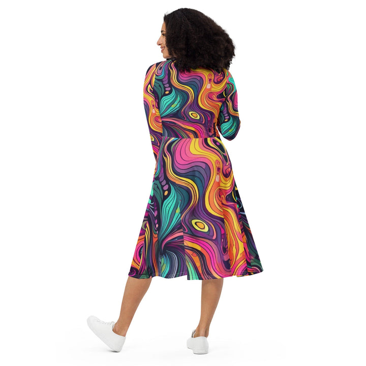 Womens Long Sleeve Midi Dress - Vibrant Psychedelic Kaleidoscope Boho 2-4