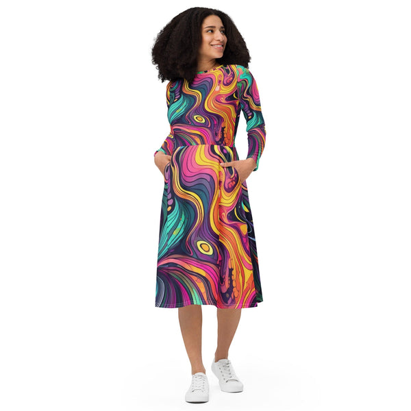 Womens Long Sleeve Midi Dress - Vibrant Psychedelic Kaleidoscope Boho 2-0