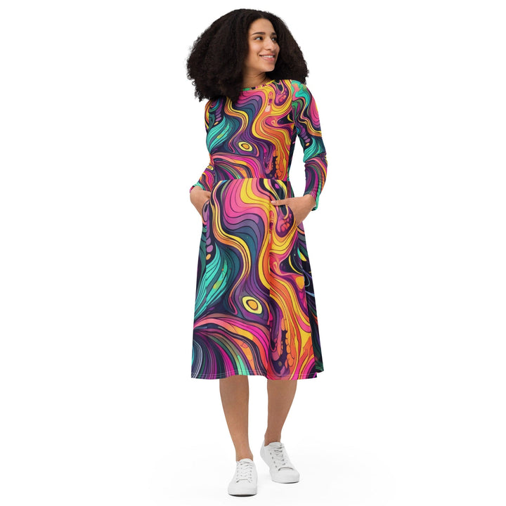 Womens Long Sleeve Midi Dress - Vibrant Psychedelic Kaleidoscope Boho 2-0