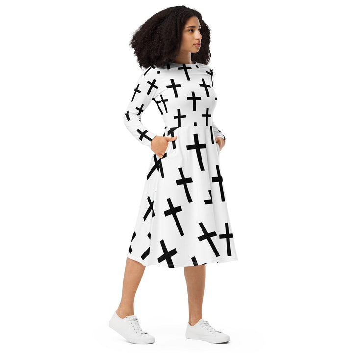 Womens Long Sleeve Midi Dress - White Black Cross Print-3