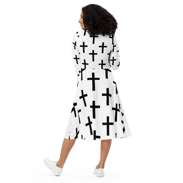 Womens Long Sleeve Midi Dress - White Black Cross Print-1