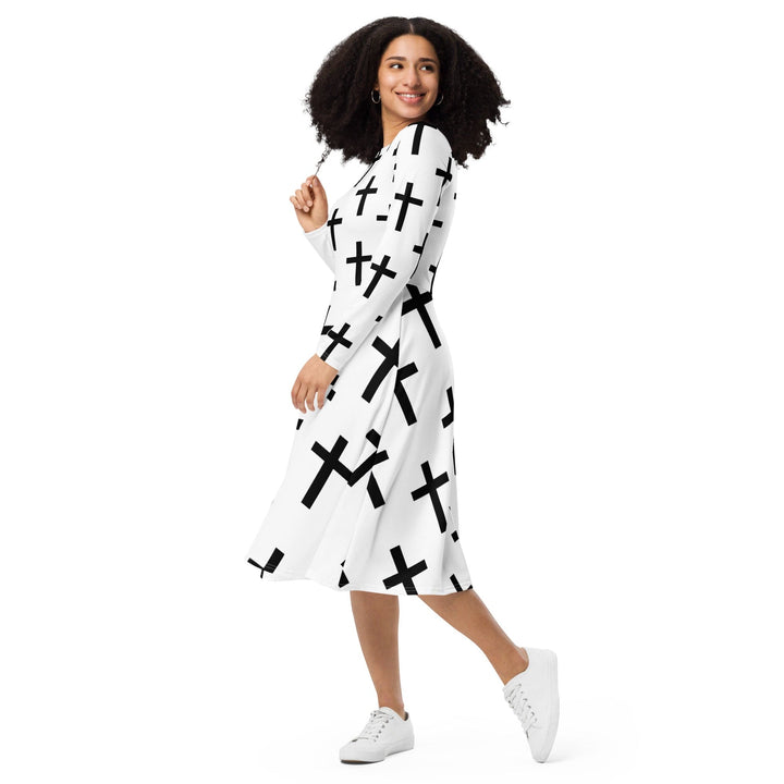 Womens Long Sleeve Midi Dress - White Black Cross Print-2