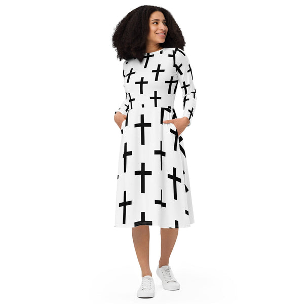 Womens Long Sleeve Midi Dress - White Black Cross Print-0