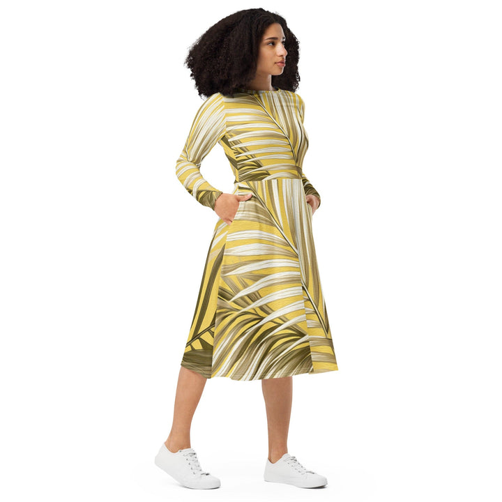 Womens Long Sleeve Midi Dress - White Brown Palm Leaves-3