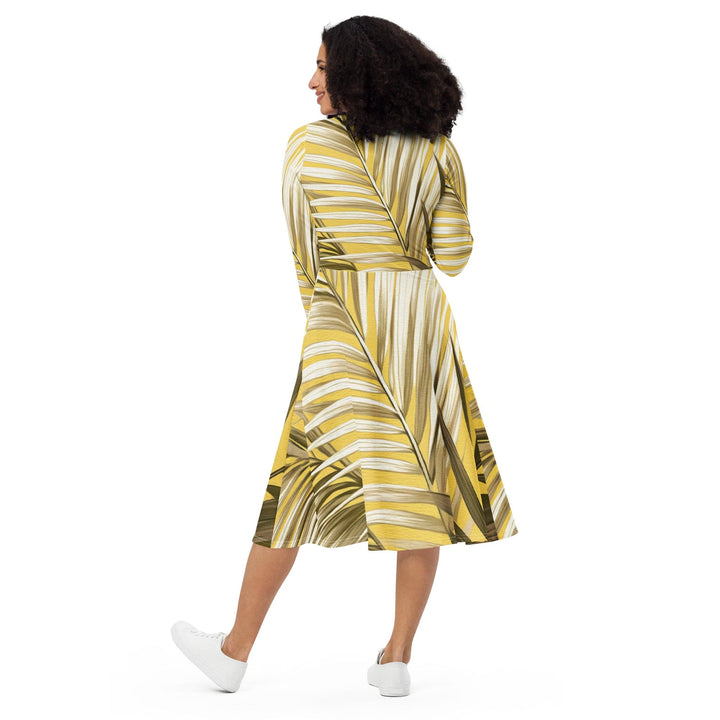 Womens Long Sleeve Midi Dress - White Brown Palm Leaves-1