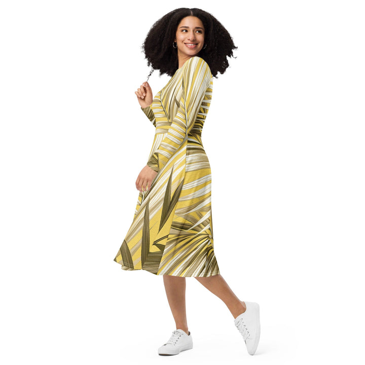 Womens Long Sleeve Midi Dress - White Brown Palm Leaves-2