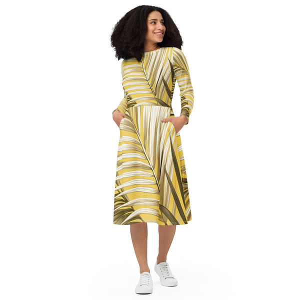 Womens Long Sleeve Midi Dress - White Brown Palm Leaves-0