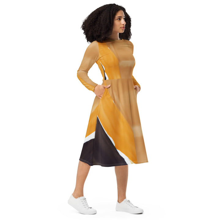 Womens Long Sleeve Midi Dress - Yellow Brown Abstract Pattern-3
