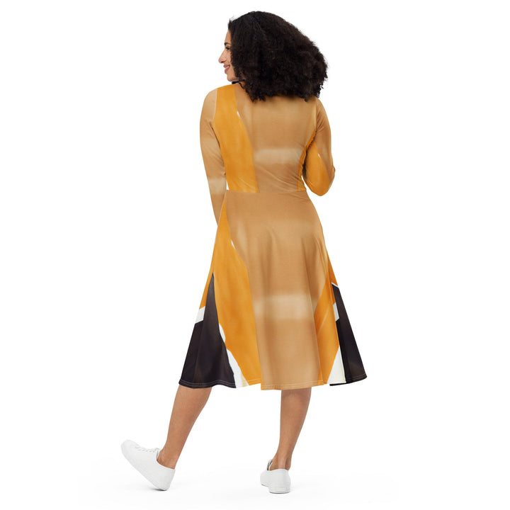 Womens Long Sleeve Midi Dress - Yellow Brown Abstract Pattern-2