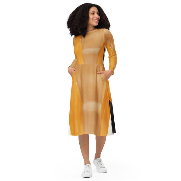 Womens Long Sleeve Midi Dress - Yellow Brown Abstract Pattern-0
