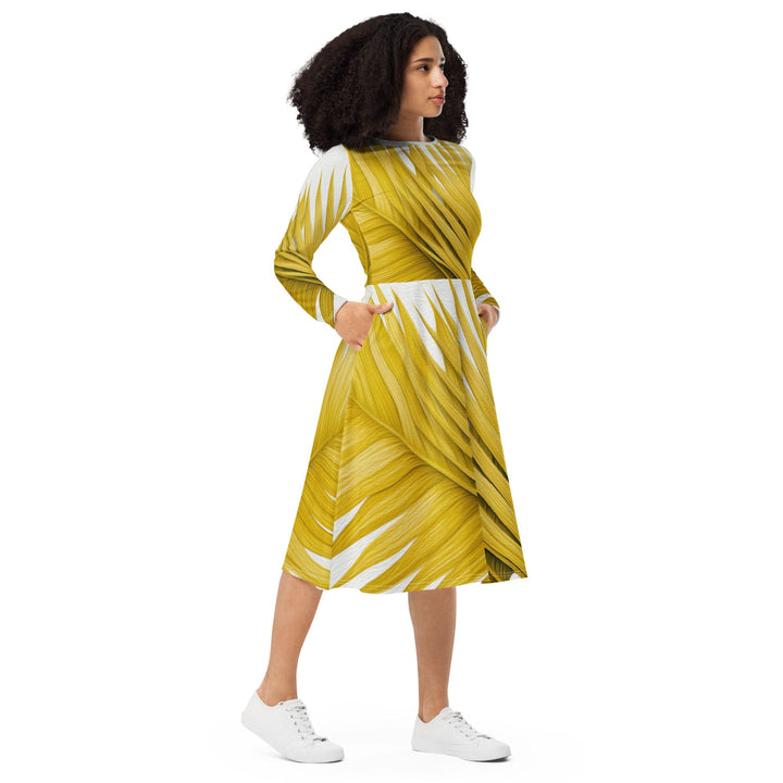 Womens Long Sleeve Midi Dress - Yellow Palm Leaves-3