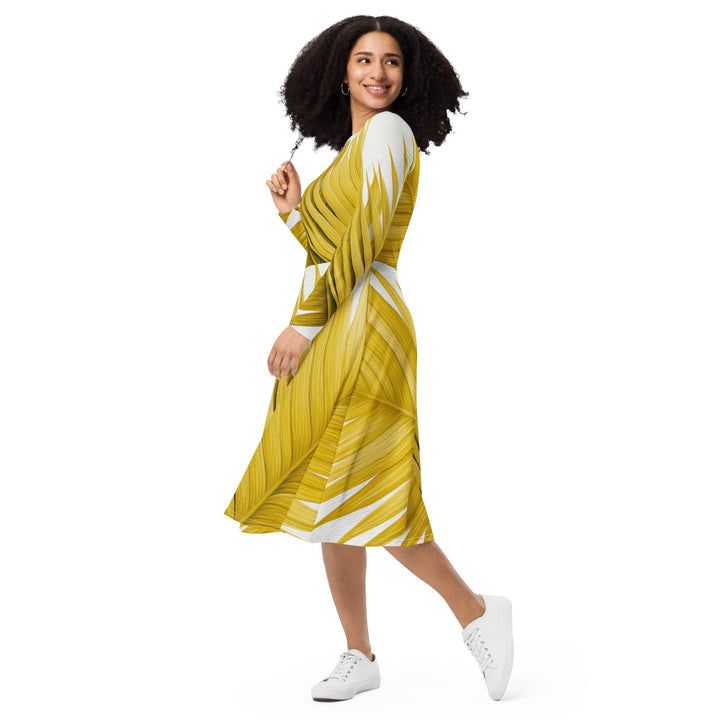 Womens Long Sleeve Midi Dress - Yellow Palm Leaves-2
