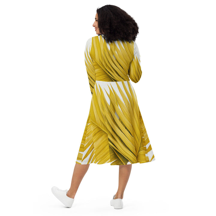 Womens Long Sleeve Midi Dress - Yellow Palm Leaves-1