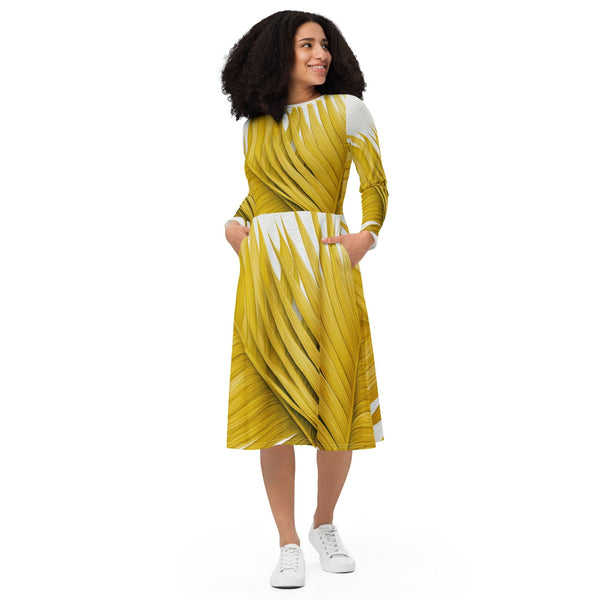 Womens Long Sleeve Midi Dress - Yellow Palm Leaves-0