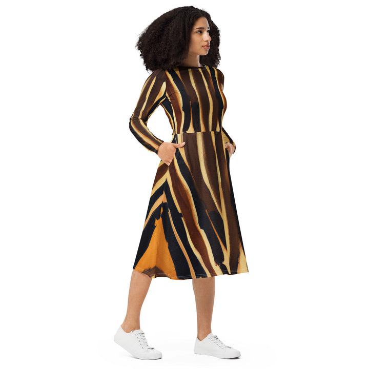Womens Long Sleeve Midi Dress - Zorse Lines Print-3