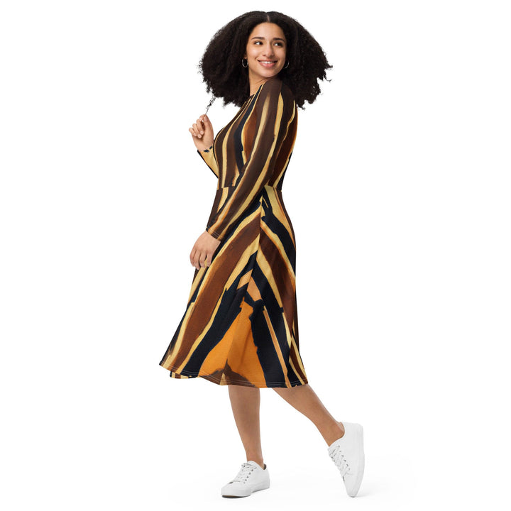 Womens Long Sleeve Midi Dress - Zorse Lines Print-2